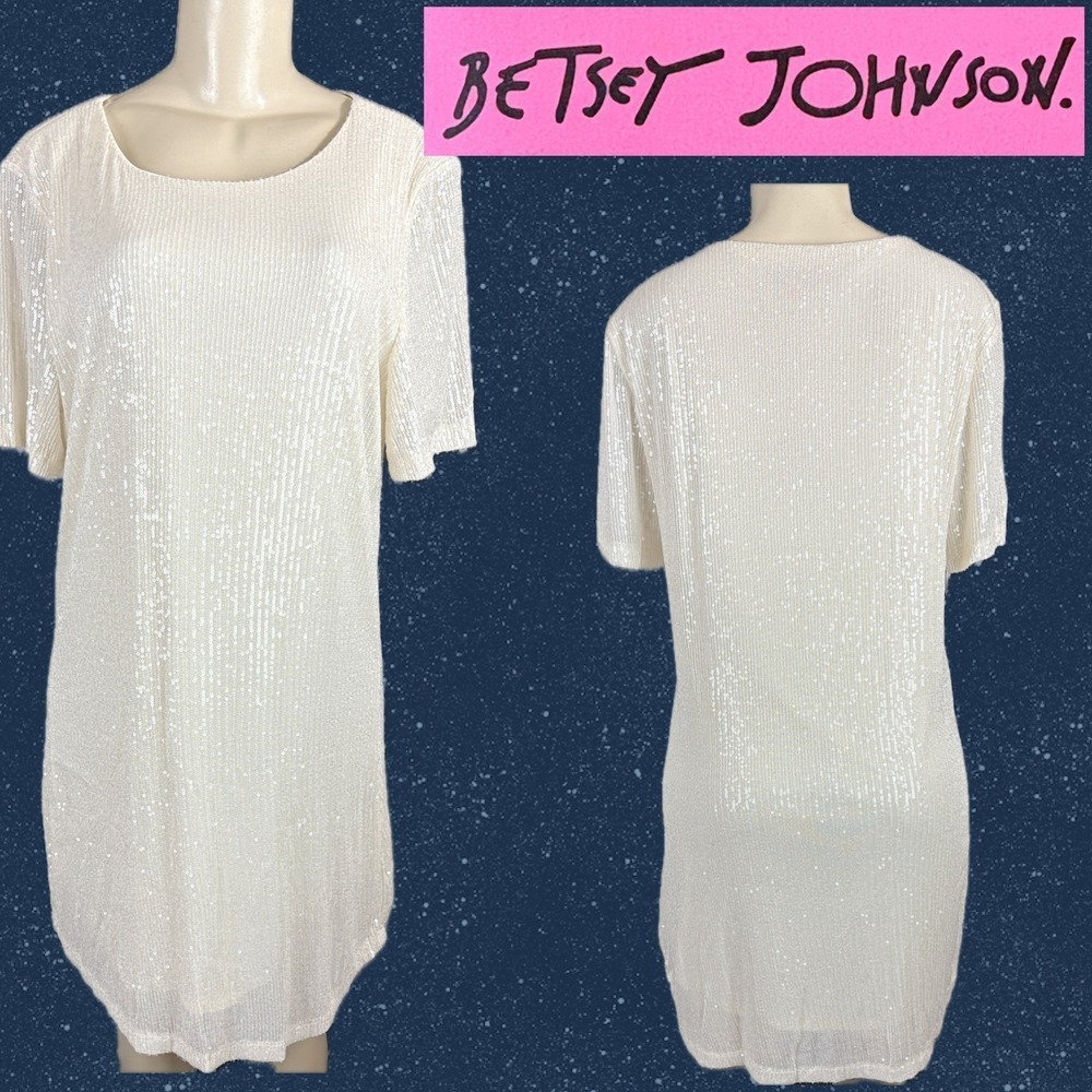 Betsey Johnson XL Off-White Mesh Sequin Crew Neck Short Sleeve Shift Mini Dress